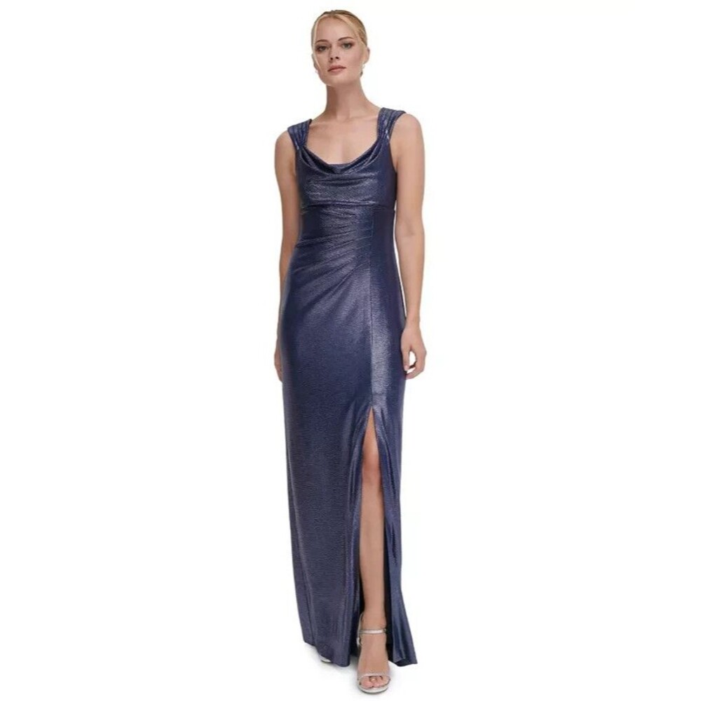 DKNY Women's Metallic Ruched Cowlneck Gown Formal Evening Dress Navy Blue 12